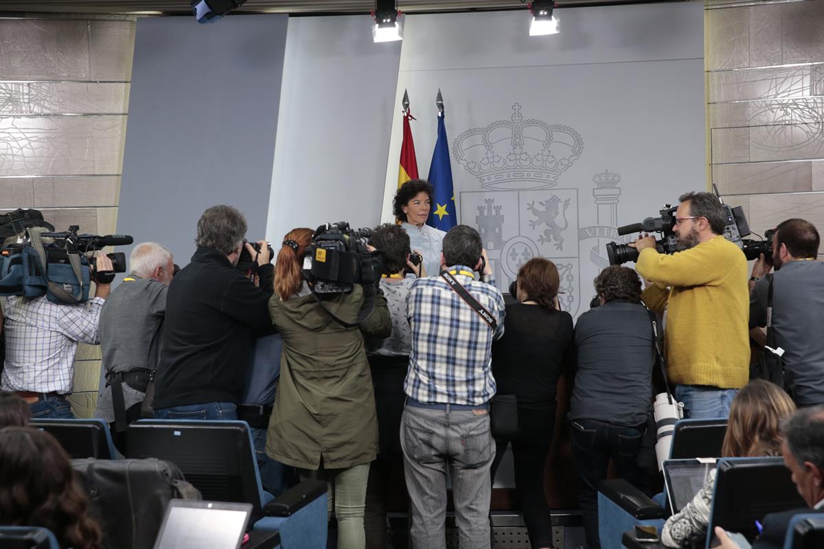 8/06/2018. Rueda de prensa posterior al Consejo de Ministros. La ministra de Educación y Formación Profesional y portavoz del Gobierno, Marí...