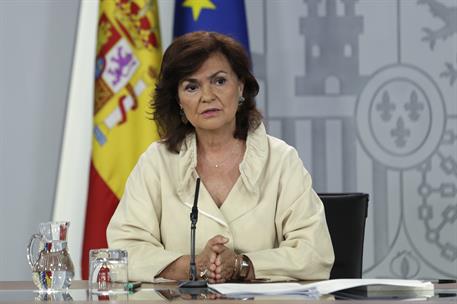 24/08/2018. Rueda de prensa posterior al Consejo de Ministros. La vicepresidenta del Gobierno y ministra de la Presidencia, Relaciones con l...