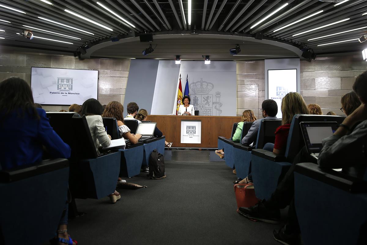 31/08/2018. Rueda de prensa posterior al Consejo de Ministros. La ministra de Educación y Formación Profesional y portavoz del Gobierno, Mar...