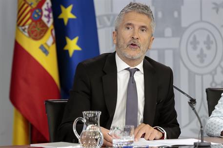 20/09/2019. Consejo de Ministros: Celaá, Planas y Marlaska. El ministro de Interior en funciones, Fernando Grande Marlaska, durante su inter...