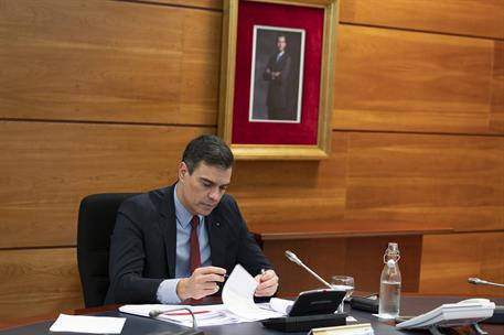 12/05/2020. Consejo de Ministros. El jefe del Ejecutivo, Pedro Sánchez, preside la reunión del Consejo de Ministros con carácter no presenci...
