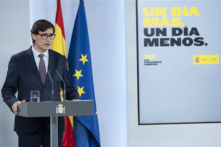 12/05/2020. Consejo de Ministros: Montero e Illa. El ministro de Sanidad, Salvador Illa, durante su intervención, en la rueda de prensa tele...