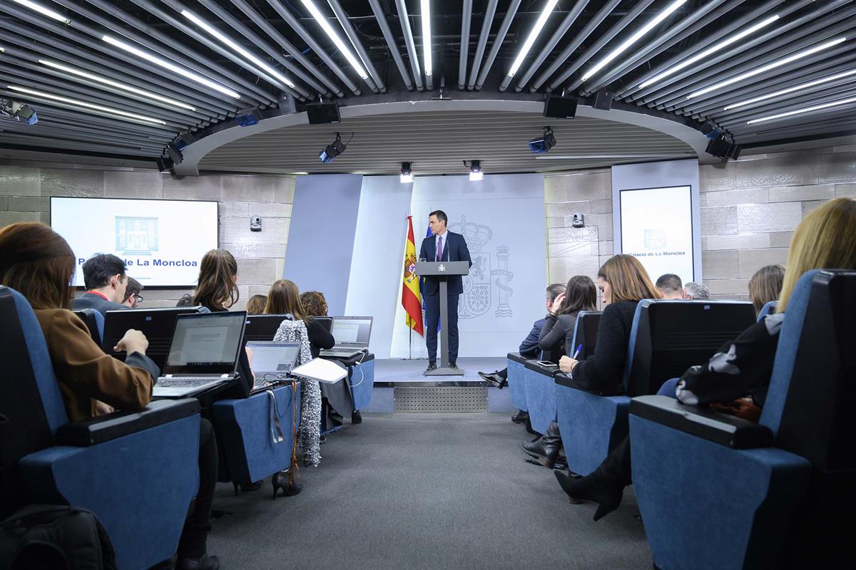 14/01/2020. Consejo de Ministros: Sánchez. El presidente del Gobierno, Pedro Sánchez, durante su comparecencia ante los medios de comunicaci...