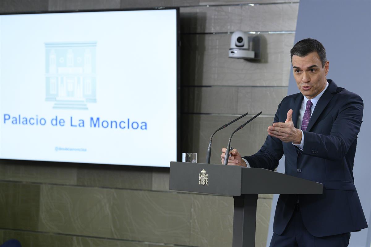 14/01/2020. Consejo de Ministros: Sánchez. El presidente del Gobierno, Pedro Sánchez, ha comparecido ante los medios de comunicación tras la...