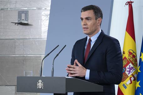 14/03/2020. Consejo de Ministros extraordinario. El presidente del Gobierno, Pedro Sánchez, durante la rueda de prensa posterior al Consejo ...