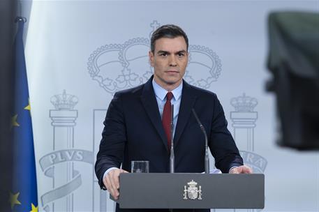 14/03/2020. Consejo de Ministros. El presidente del Gobierno, Pedro Sánchez, durante la rueda de prensa posterior al Consejo de Ministros ex...
