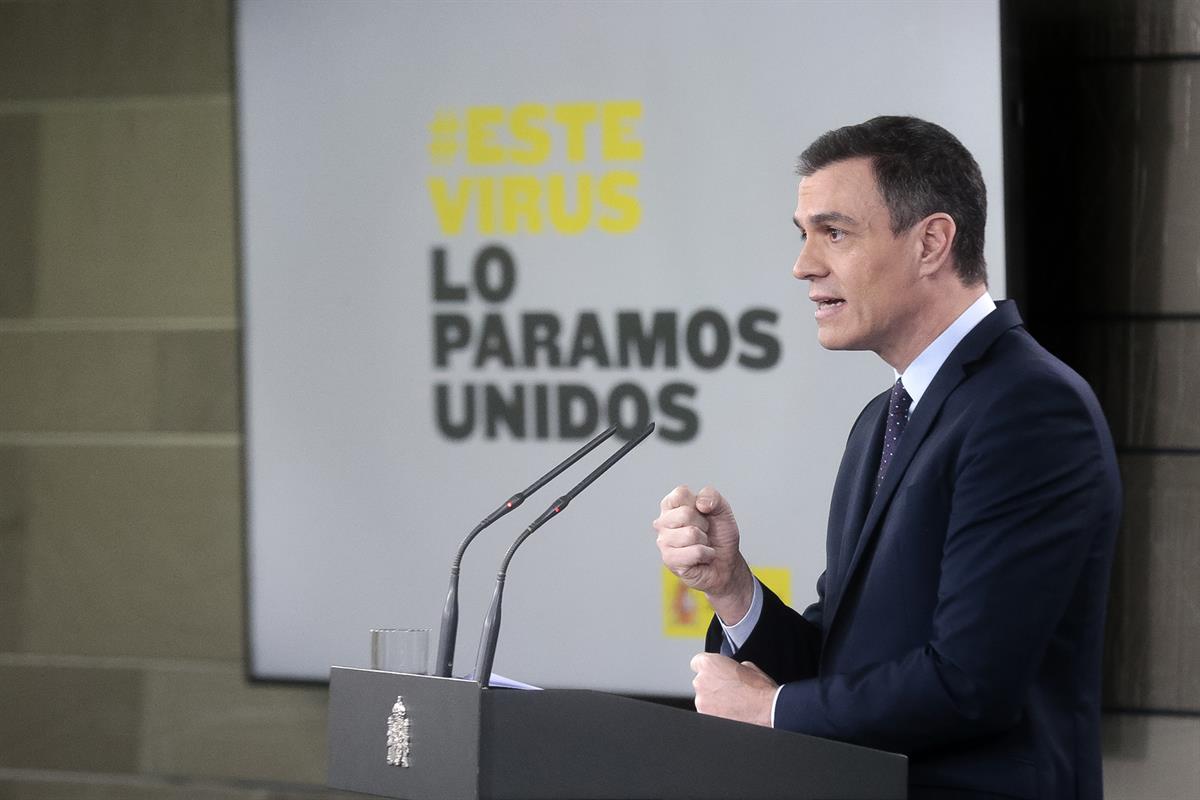 17/03/2020. Consejo de Ministros: Pedro Sánchez. El presidente del Gobierno, Pedro Sánchez, durante la rueda de prensa telemática convocada ...