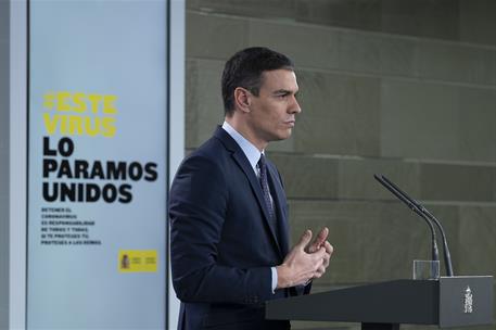 17/03/2020. Consejo de Ministros: Pedro Sánchez. El presidente del Gobierno, Pedro Sánchez, durante la rueda de prensa telemática convocada ...