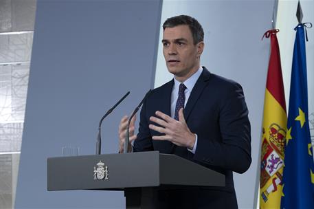 17/03/2020. Consejo de Ministros: Pedro Sánchez. El presidente del Gobierno, Pedro Sánchez, durante la rueda de prensa telemática convocada ...