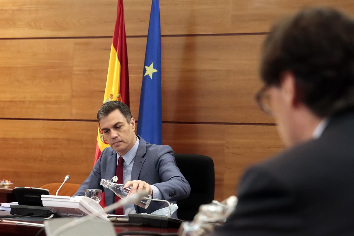 19/05/2020. Consejo de Ministros. El jefe del Ejecutivo, Pedro Sánchez, preside la reunión del Consejo de Ministros, desde el Complejo de la Moncloa.