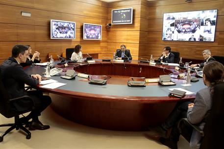 24/04/2020. Consejo de Ministros extraordinario. El presidente del Gobierno, Pedro Sánchez, durante la celebración del Consejo de Ministros ...