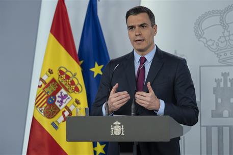 28/04/2020. Consejo de Ministros: Pedro Sánchez. El presidente del Gobierno, Pedro Sánchez, durante la rueda de prensa posterior a la reunió...