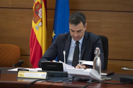 26/05/2020. Consejo de Ministros. El jefe del Ejecutivo, Pedro Sánchez, preside la reunión del Consejo de Ministros, desde el Complejo de la Moncloa.