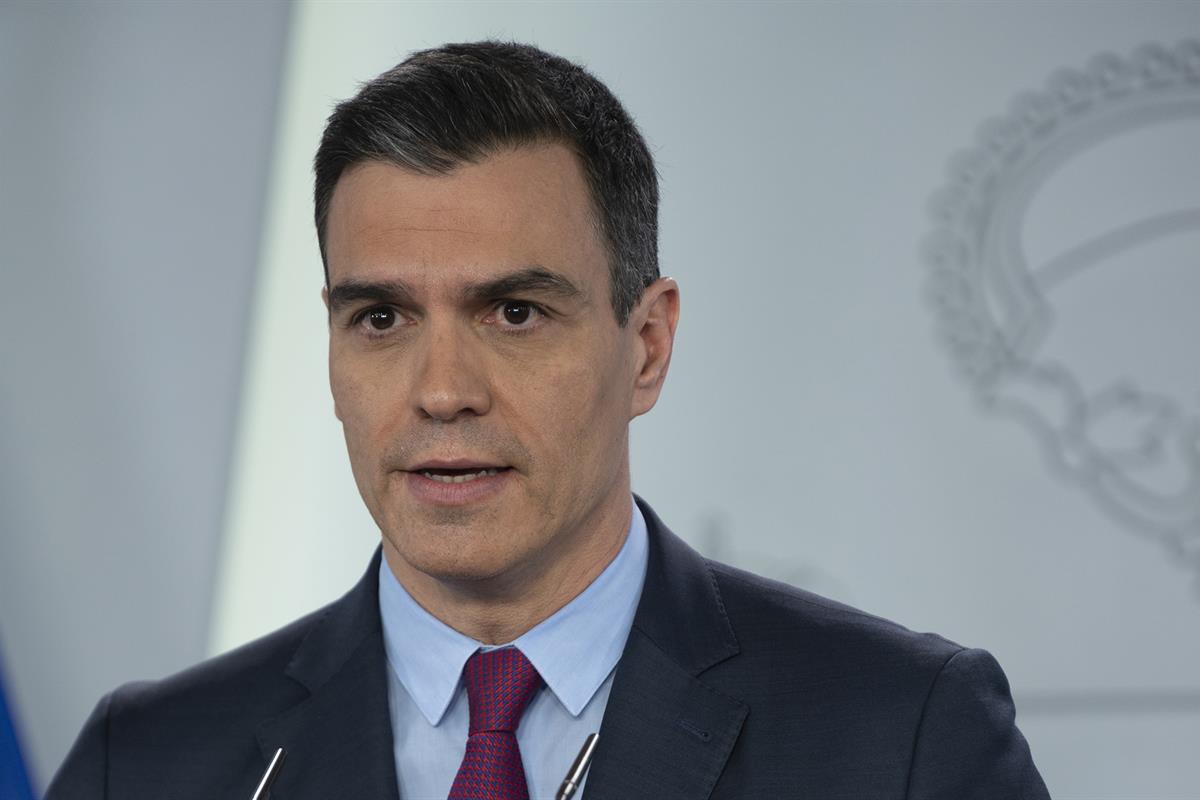 28/04/2020. Consejo de Ministros: Pedro Sánchez. El presidente del Gobierno, Pedro Sánchez, durante la rueda de prensa posterior a la reunió...