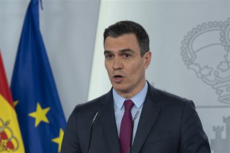 28/04/2020. Consejo de Ministros: Pedro Sánchez. El presidente del Gobierno, Pedro Sánchez, durante la rueda de prensa posterior a la reunió...