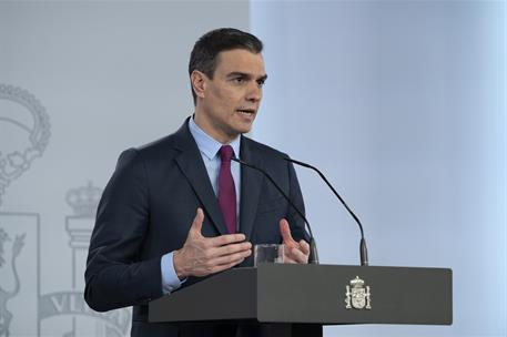 28/04/2020. Consejo de Ministros: Pedro Sánchez. El presidente del Gobierno, Pedro Sánchez, durante la rueda de prensa posterior a la reunió...