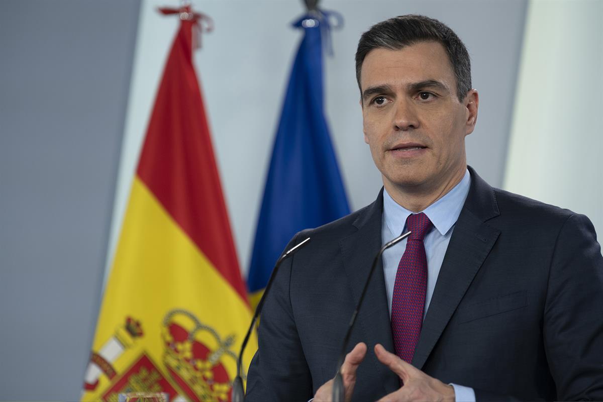 28/04/2020. Consejo de Ministros: Pedro Sánchez. El presidente del Gobierno, Pedro Sánchez, durante la rueda de prensa posterior a la reunió...