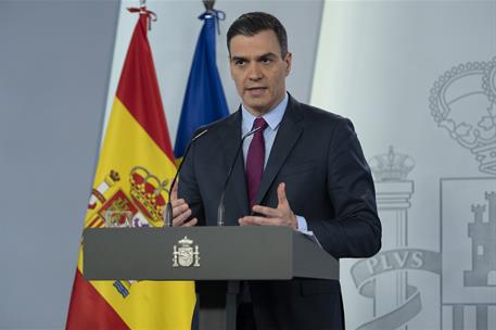 28/04/2020. Consejo de Ministros: Pedro Sánchez. El presidente del Gobierno, Pedro Sánchez, durante la rueda de prensa posterior a la reunió...