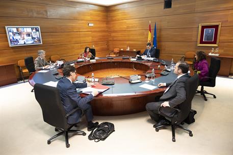 31/03/2020. Consejo de Ministros. El presidente del Gobierno, Pedro Sánchez, durante la reunión del Consejo de Ministros celebrada en La Moncloa
