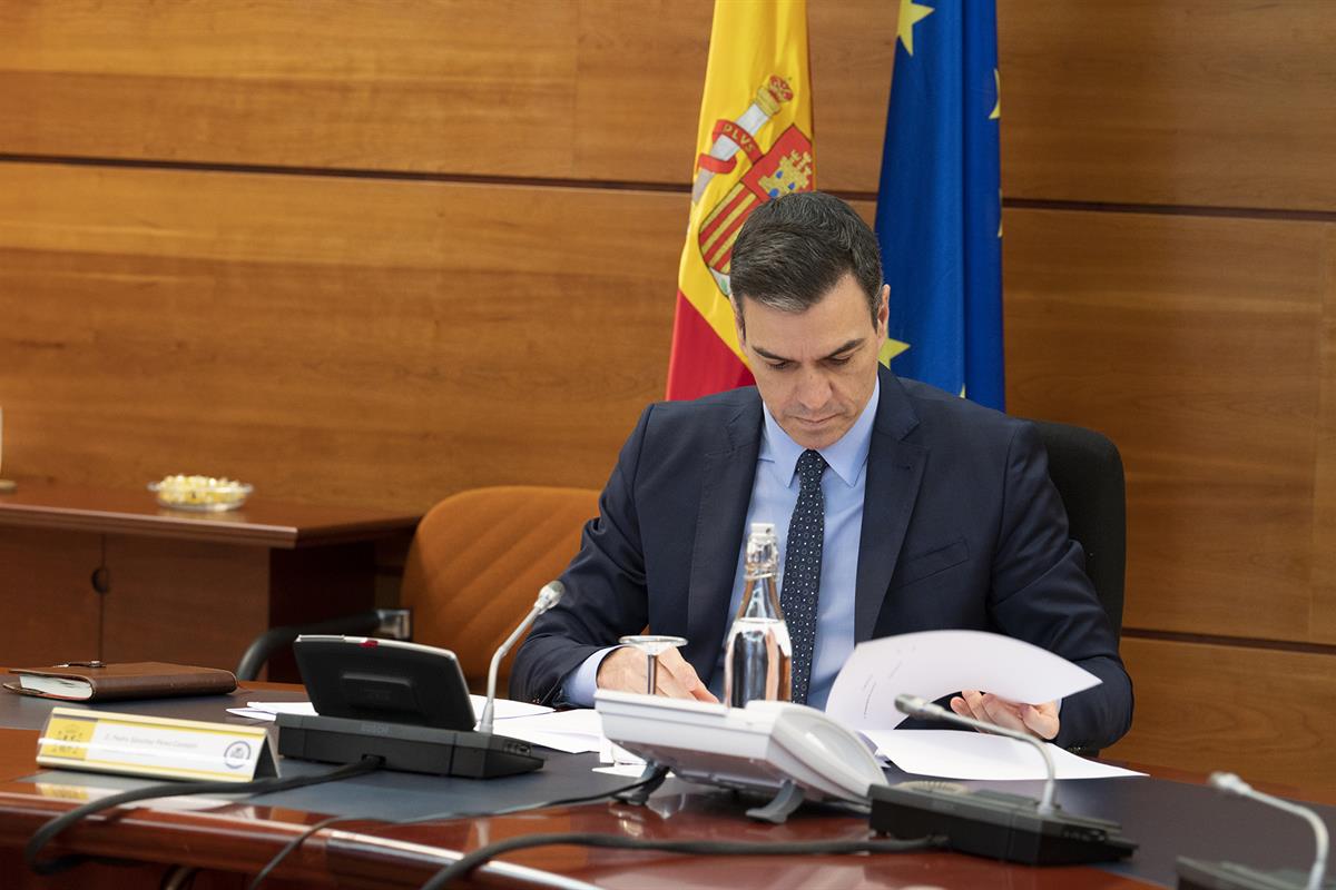 31/03/2020. Consejo de Ministros:. El presidente del Gobierno, Pedro Sánchez, preside la reunión del Consejo de Ministros celebrada en La Moncloa