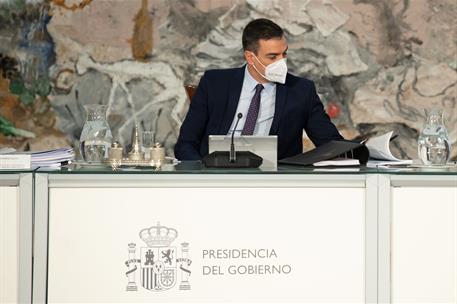 13/04/2021. Reunión del Consejo de Ministros. El presidente del Gobierno, Pedro Sánchez, durante la reunión del Consejo de Ministros.