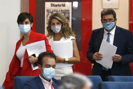 28/09/2021. Rueda de prensa posterior al Consejo de Ministros: Isabel Rodríguez, Yolanda Díaz y José Luis Escrivá. La ministra de Política T...