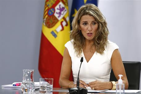 28/09/2021. Rueda de prensa posterior al Consejo de Ministros: Isabel Rodríguez, Yolanda Díaz y José Luis Escrivá. La vicepresidenta segunda...