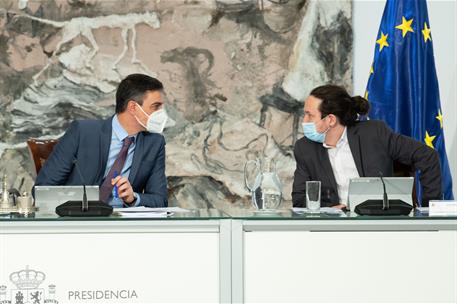 30/03/2021. Reunión del Consejo de Ministros. El presidente del Gobierno, Pedro Sánchez junto al vicepresidente segundo y ministro de Derech...