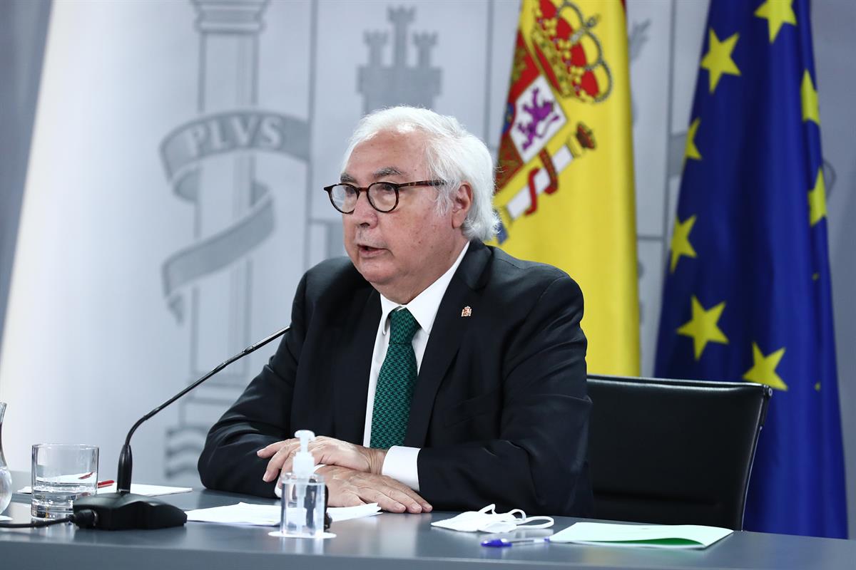 31/08/2021. Rueda de prensa posterior al Consejo de Ministros: Manuel Castells. El ministro de Universidades, Manuel Castells, durante su in...