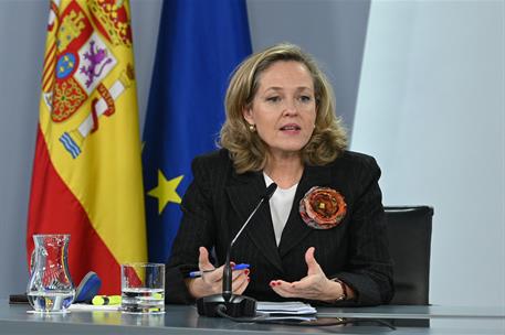 22/11/2022. Rueda de prensa tras el Consejo de Ministros: Isabel Rodríguez, Nadia Calviño y Teresa Ribera. La vicepresidenta primera y minis...