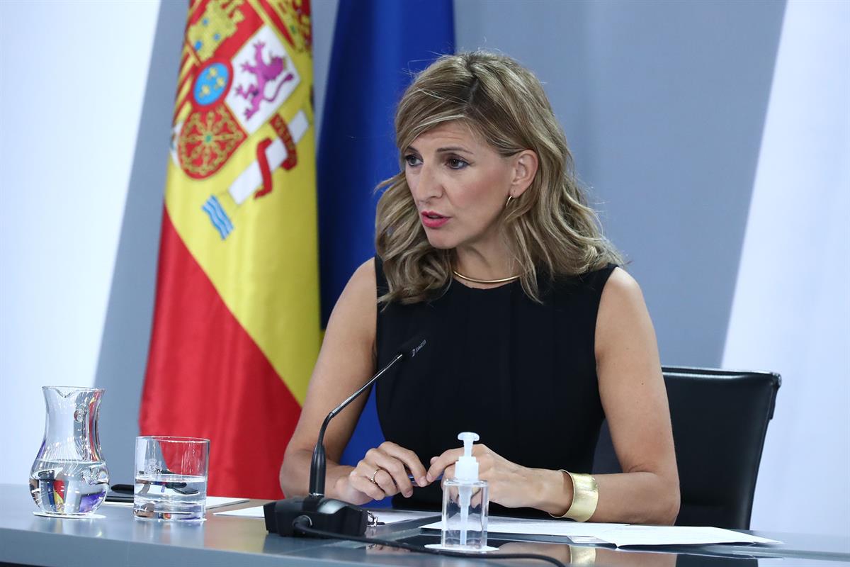 31/05/2022. Rueda de prensa tras el Consejo de Ministros: Isabel Rodríguez, Yolanda Díaz y Alberto Garzón. La vicepresidenta segunda y minis...