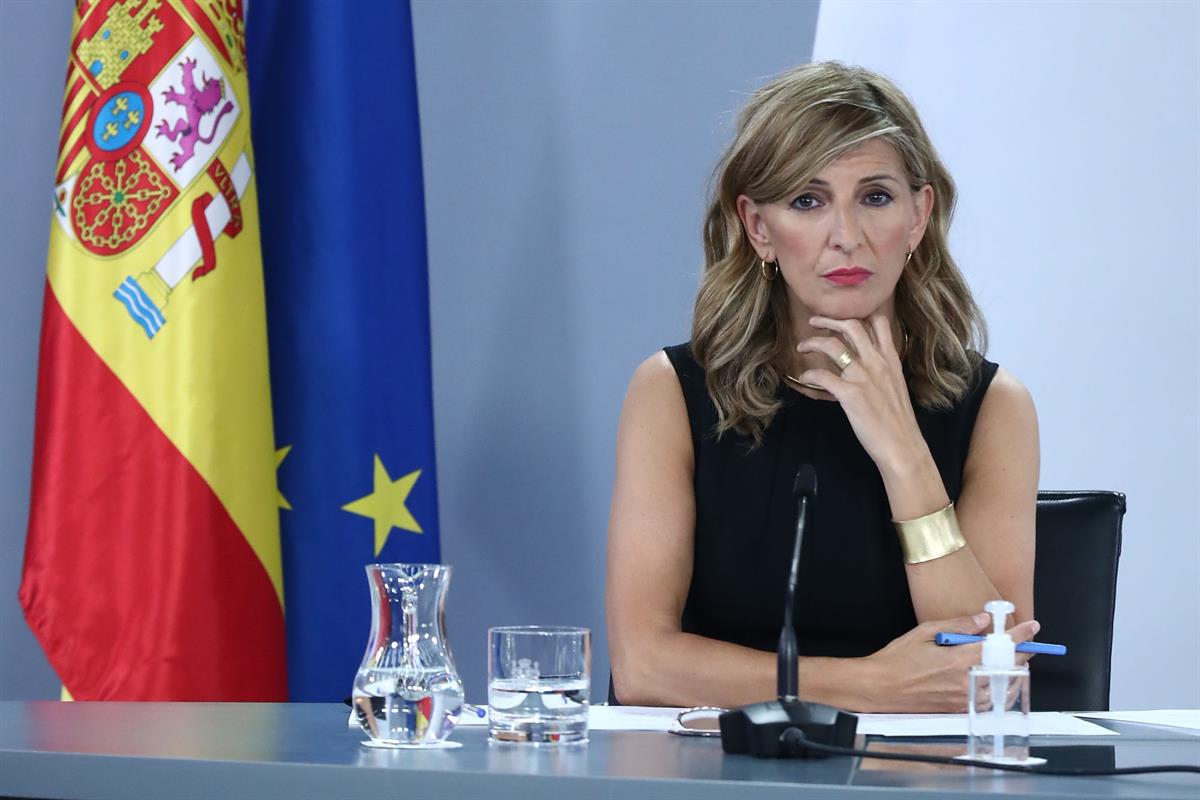 31/05/2022. Rueda de prensa tras el Consejo de Ministros: Isabel Rodríguez, Yolanda Díaz y Alberto Garzón. La vicepresidenta segunda y minis...