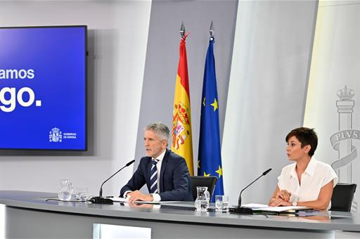 5/09/2023. Press conference after the Council of Ministers. Isabel Rodríguez and Fernando Grande-Marlaska during the press conference confer...