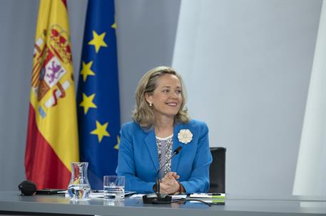 6/06/2023. Rueda de prensa tras el Consejo de Ministros: Isabel Rodríguez, Nadia Calviño y Félix Bolaños. La vicepresidenta primera y minist...