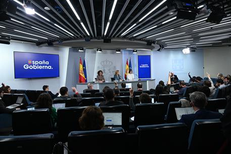 12/12/2023. Consejo de Ministros: Alegría, Calviño y Morant. María Jesús Montero, Pilar Alegría y Diana Morant durante la rueda de prensa po...
