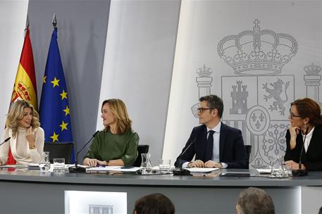 19/12/2023. Rueda de prensa tras el Consejo de Ministros: Díaz, Alegría, Bolaños, García. Los ministros Yolanda Díaz, Pilar Alegría, Félix B...