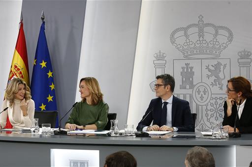 19/12/2023. Press conference after the Council of Ministers. The ministers Yolanda Díaz, Pilar Alegría, Félix Bolaños and Mónica García duri...