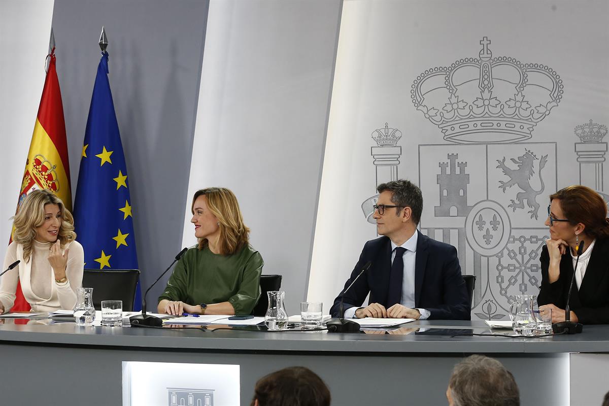 19/12/2023. Rueda de prensa tras el Consejo de Ministros: Díaz, Alegría, Bolaños, García. Los ministros Yolanda Díaz, Pilar Alegría, Félix B...