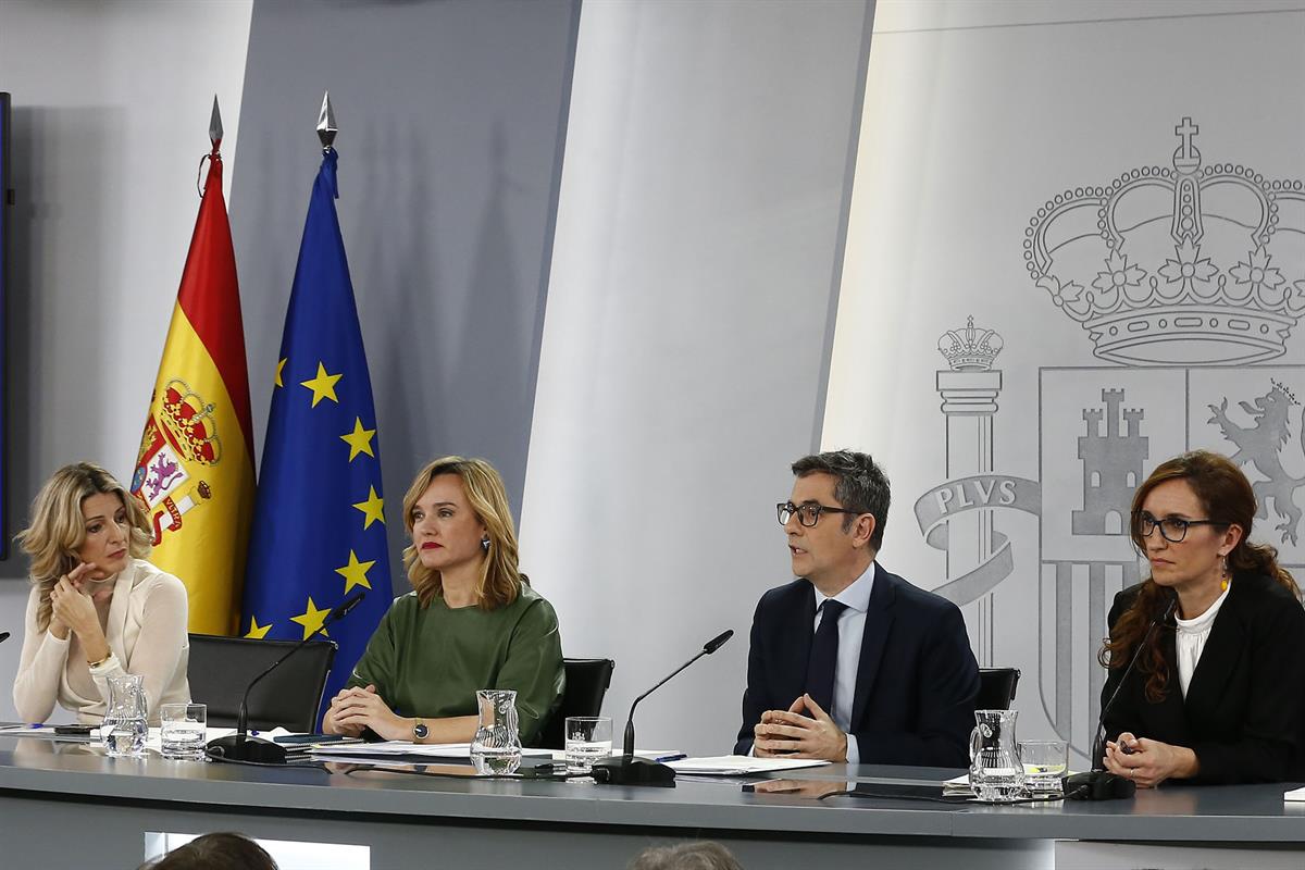 19/12/2023. Rueda de prensa tras el Consejo de Ministros: Díaz, Alegría, Bolaños, García. Los ministros Yolanda Díaz, Pilar Alegría, Félix B...