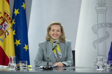 28/03/2023. Rueda de prensa tras el Consejo de Ministros: Isabel Rodríguez, Nadia Calviño y José Luis Escrivá. La vicepresidenta primera y m...