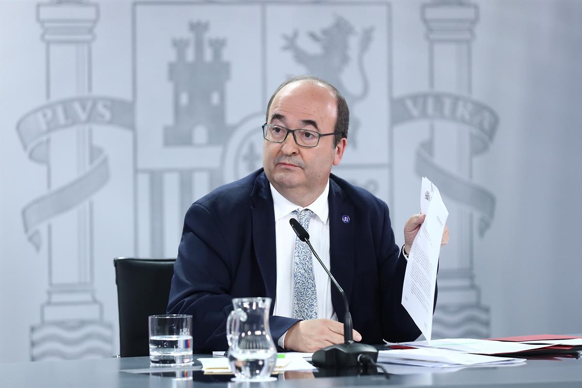 El ministro de Cultura y Deporte en funciones, Miquel Iceta, durante la rueda de prensa
