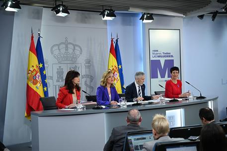 8/03/2024. Press conference after the Council of Ministers. Ministers Pilar Alegría, Fernando Grande-Marlaska, Ana Redondo and Elma Saiz dur...