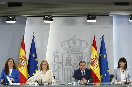 Mónica García, Pilar Alegría, Luis Planas y Ana Redondo durante su intervención en la rueda de prensa 