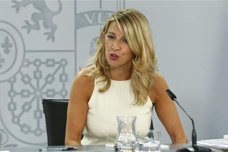 23/07/2024. Yolanda Díaz. La ministra de Trabajo y Economía Social, Yolanda Díaz, comparece en rueda de prensa posterior al Consejo de Ministros.