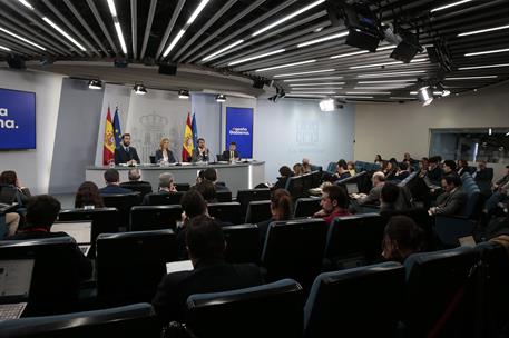 27/02/2024. Rueda de prensa tras el Consejo de Ministros: Cuerpo, Alegría, Urtasun, Bustinduy. Los ministros Carlos Cuerpo, Pilar Alegría, E...