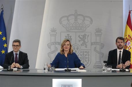 26/03/2024. Rueda de prensa tras el Consejo de Ministros: Pilar Alegría, Félix Bolaños y Ernest Urtasun. El ministro de la Presidencia, Just...
