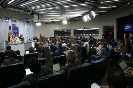 30/04/2024. Rueda de prensa tras el Consejo de Ministros: Yolanda Díaz, Pilar Alegría y José Luis Escrivá. Las ministras de Trabajo y Econom...