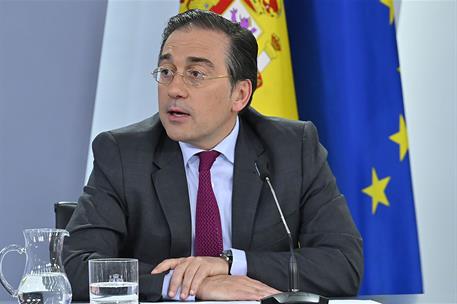1/04/2025. Rueda de prensa tras el Consejo de Ministros: José Manuel Albares, Pilar Alegría, Sara Aagesen y Fernando Grande-Marlaska. El min...