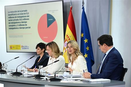 6/05/2025. Rueda de prensa tras el Consejo de Ministros: Isabel Rodríguez, Pilar Alegría, Yolanda Díaz y Óscar López. Las ministras Isabel R...