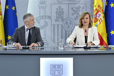 8/07/2025. Rueda de prensa tras el Consejo de Ministros: Fernando Grande-Marlaska y Pilar Alegría. El ministro del Interior, Fernando Grande...